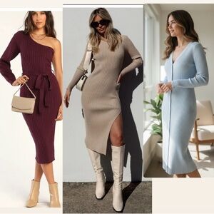 Lulu's One-Shoulder Knit Dress in Burgundy, Beige, and Light Blue